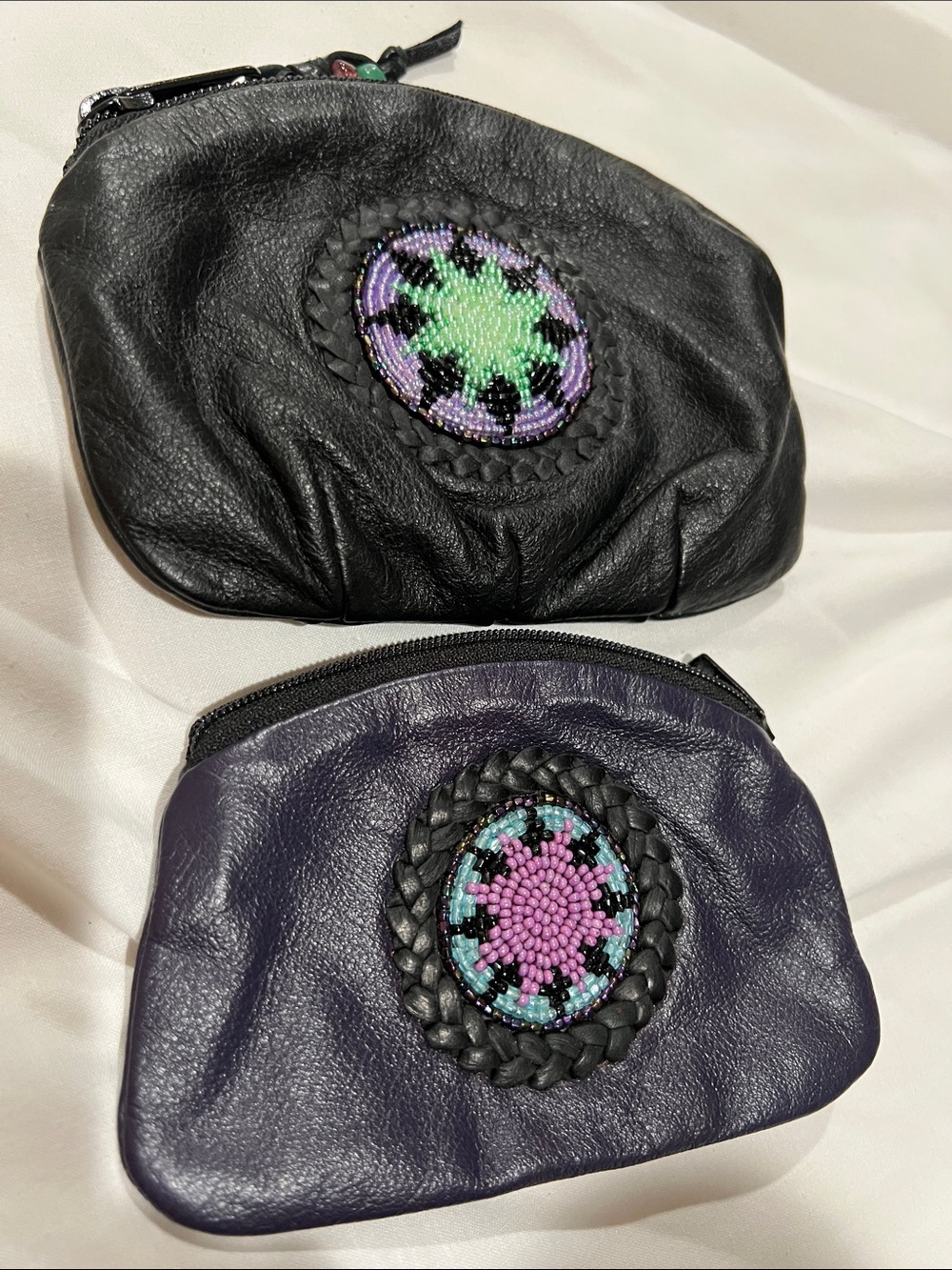 Black and Purple leather Beaded Accent Coin Pouches
